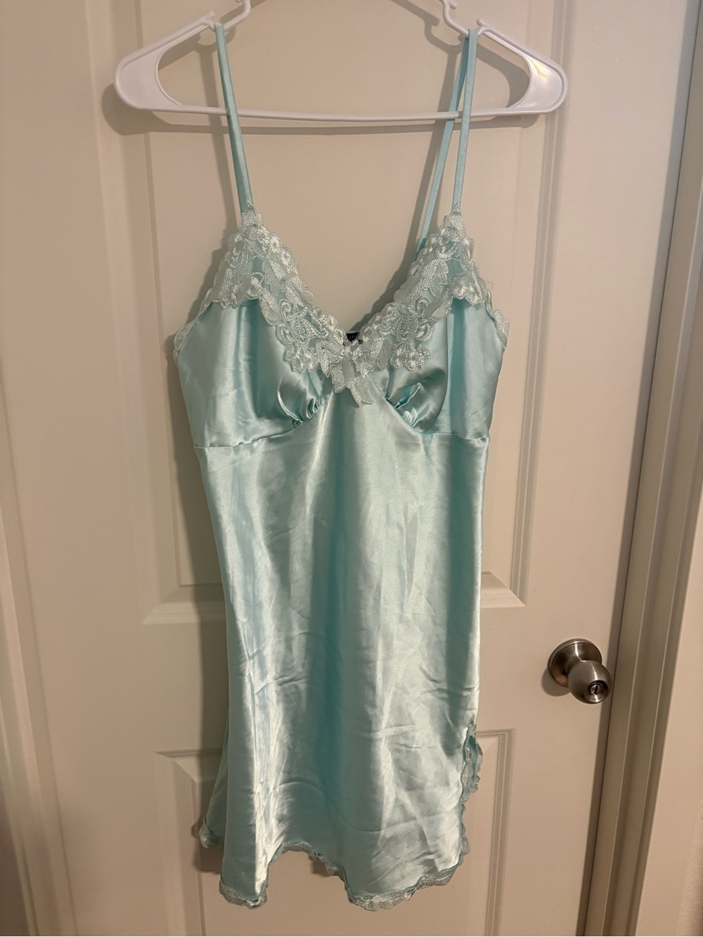 RACHEL Rachel Roy Satin Lace Trim Chemise in Light Aqua